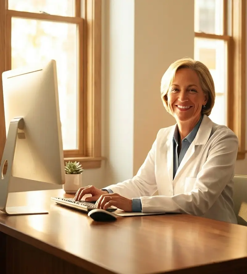 Clinician working at a desk in a sunlit office